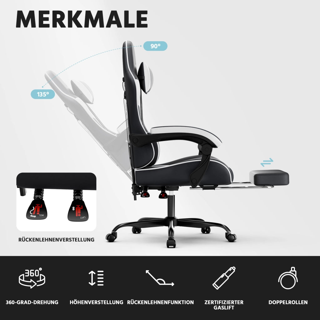 Sedia gaming ergonomica con supporto lombare schienale reclinabile e braccioli sincronizzati in PVC nero bianco 77 × 57 × 25 cm