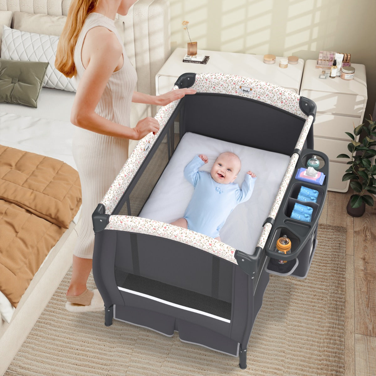 Centro neonati con borsa da viaggio per neonato, Pack and play 4 in 1 portatile Grigio Fiori-Culle