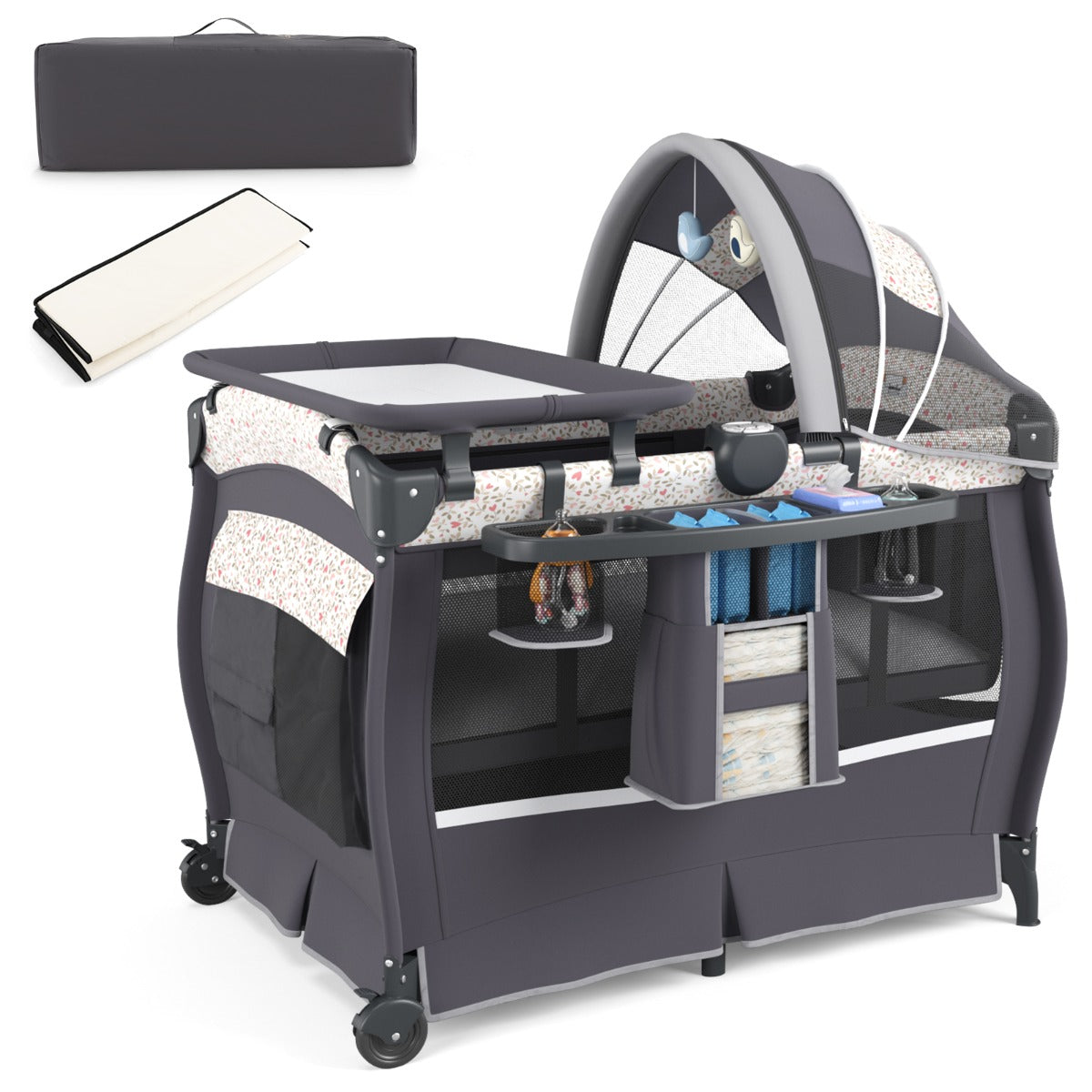 Centro neonati con borsa da viaggio per neonato, Pack and play 4 in 1 portatile Grigio Fiori-Culle