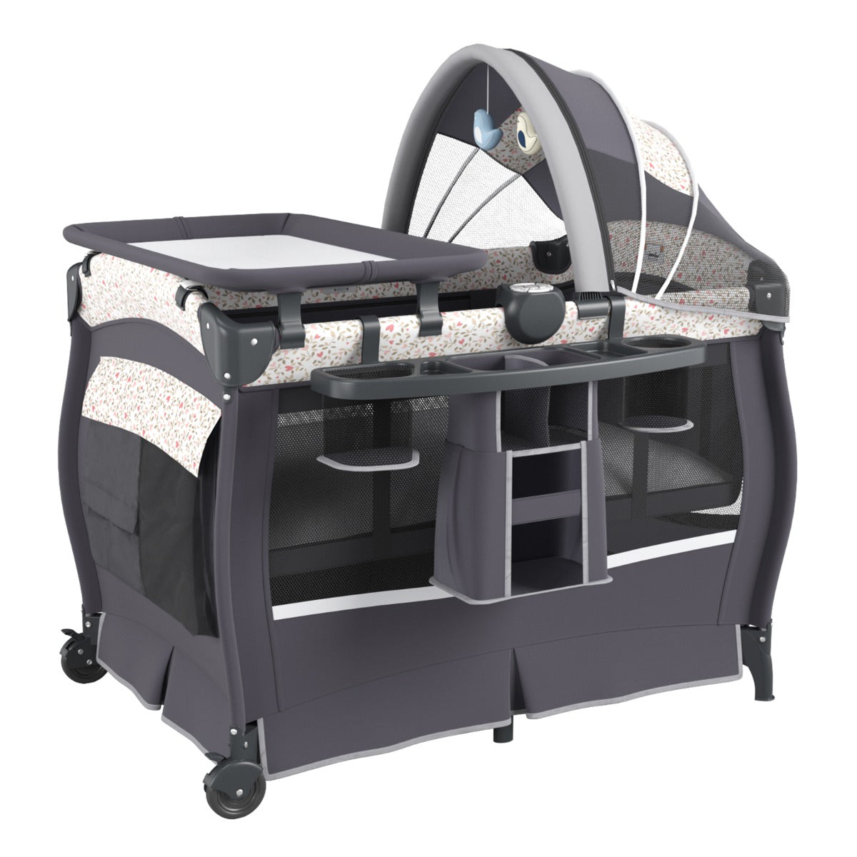 Centro neonati con borsa da viaggio per neonato, Pack and play 4 in 1 portatile Grigio Fiori-Culle