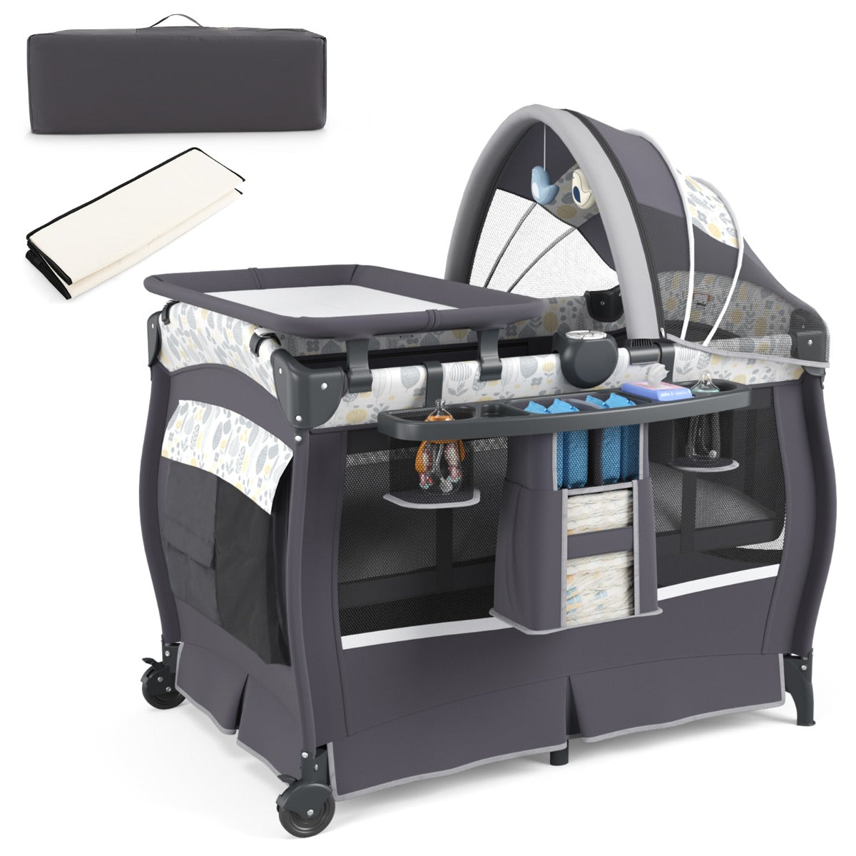 Centro neonati con borsa da viaggio per neonato, Pack and play 4 in 1 portatile Grigio Chiaro-Culle