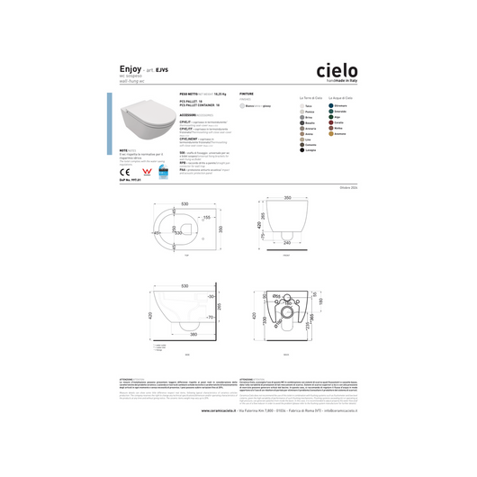 Coppia Di Sanitari Sospesi Ceramica Cielo "Enjoy 53" Bianco Lucido
