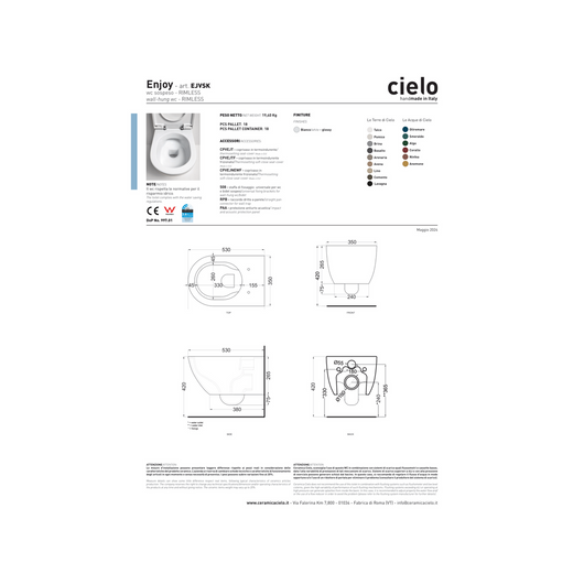 Wc Sospeso Senza Brida Ceramica Cielo "Enjoy 53" Bianco Lucido