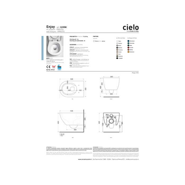 Wc Sospeso Senza Brida Ceramica Cielo "Enjoy 53" Bianco Lucido