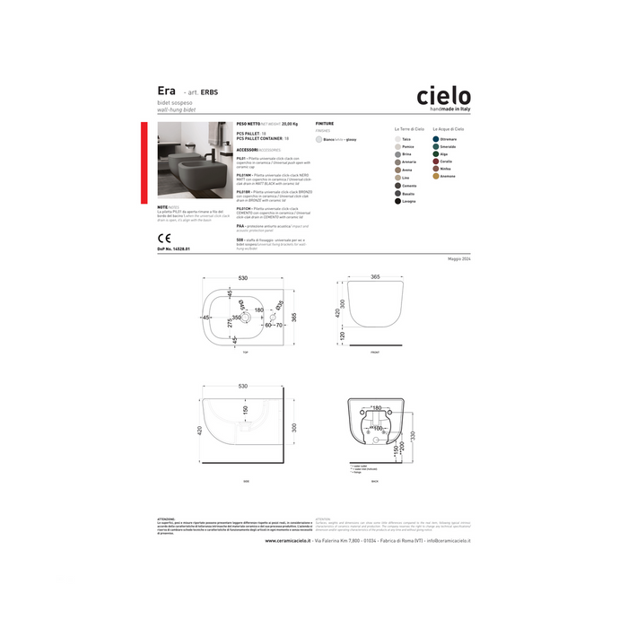 Coppia Di Sanitari Ceramica Cielo Sospesi Senza Brida Bianco Lucido "Era"