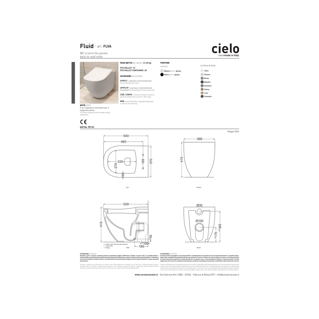 Coppia Di Sanitari Ceramica Cielo Da Terra Filo Muro Bianco Lucido "Fluid"