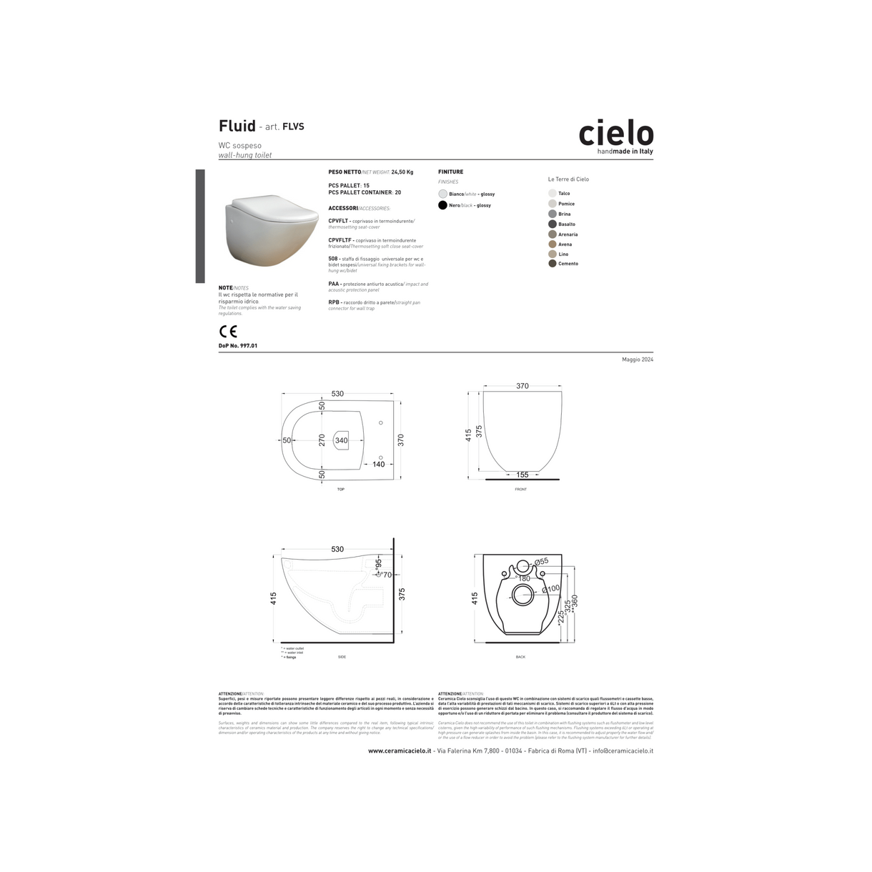 Wc Sospeso Ceramica Cielo "Fluid" Bianco Lucido