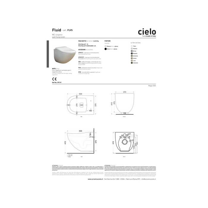 Wc Sospeso Ceramica Cielo "Fluid" Bianco Lucido