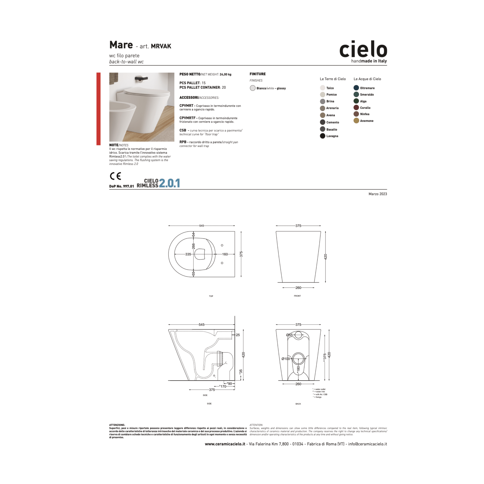 Coppia Di Sanitari a Terra Senza Brida Ceramica Cielo "Mare" Bianco Lucido