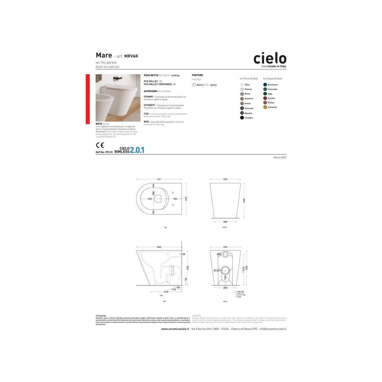 Wc a Terra Senza Brida Ceramica Cielo "Mare" Bianco Lucido