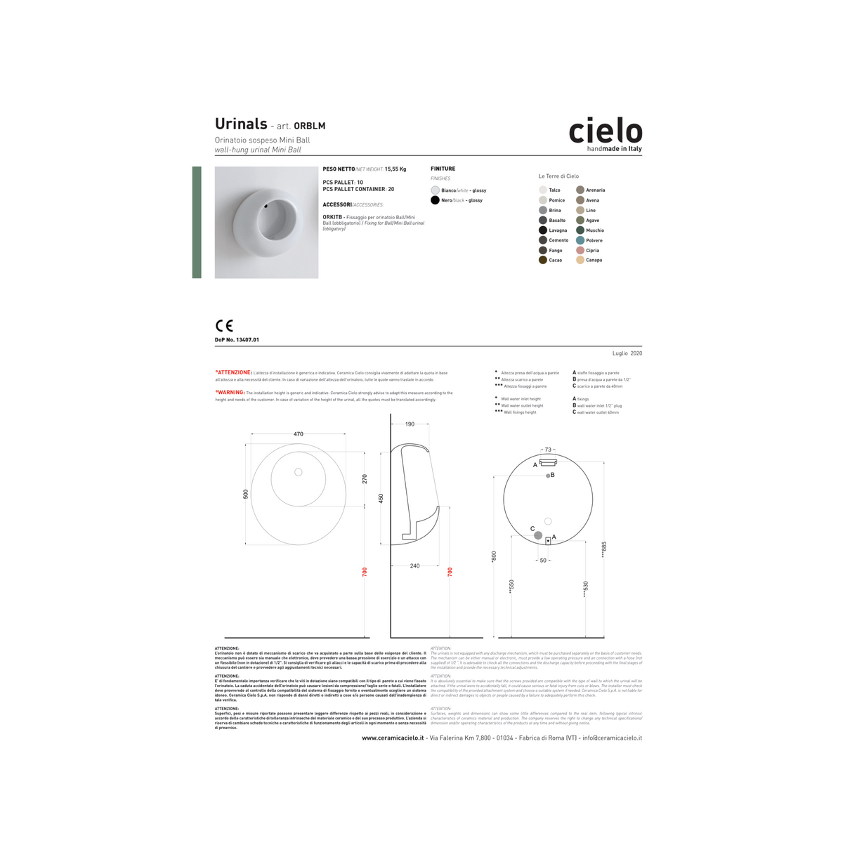 Orinatoio Sospeso Senza Brida Ceramica Cielo "Mini Ball" Bianco Lucido