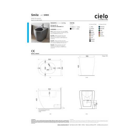 Coppia Di Sanitari Ceramica Cielo Da Terra Filo Muro Bianco Lucido "Mini-Smile 48"