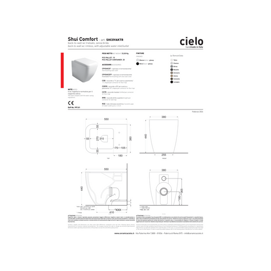 Coppia Di Sanitari Ceramica Cielo Da Terra Filo Muro Senza Brida Bianco Lucido "Shui Comfort"