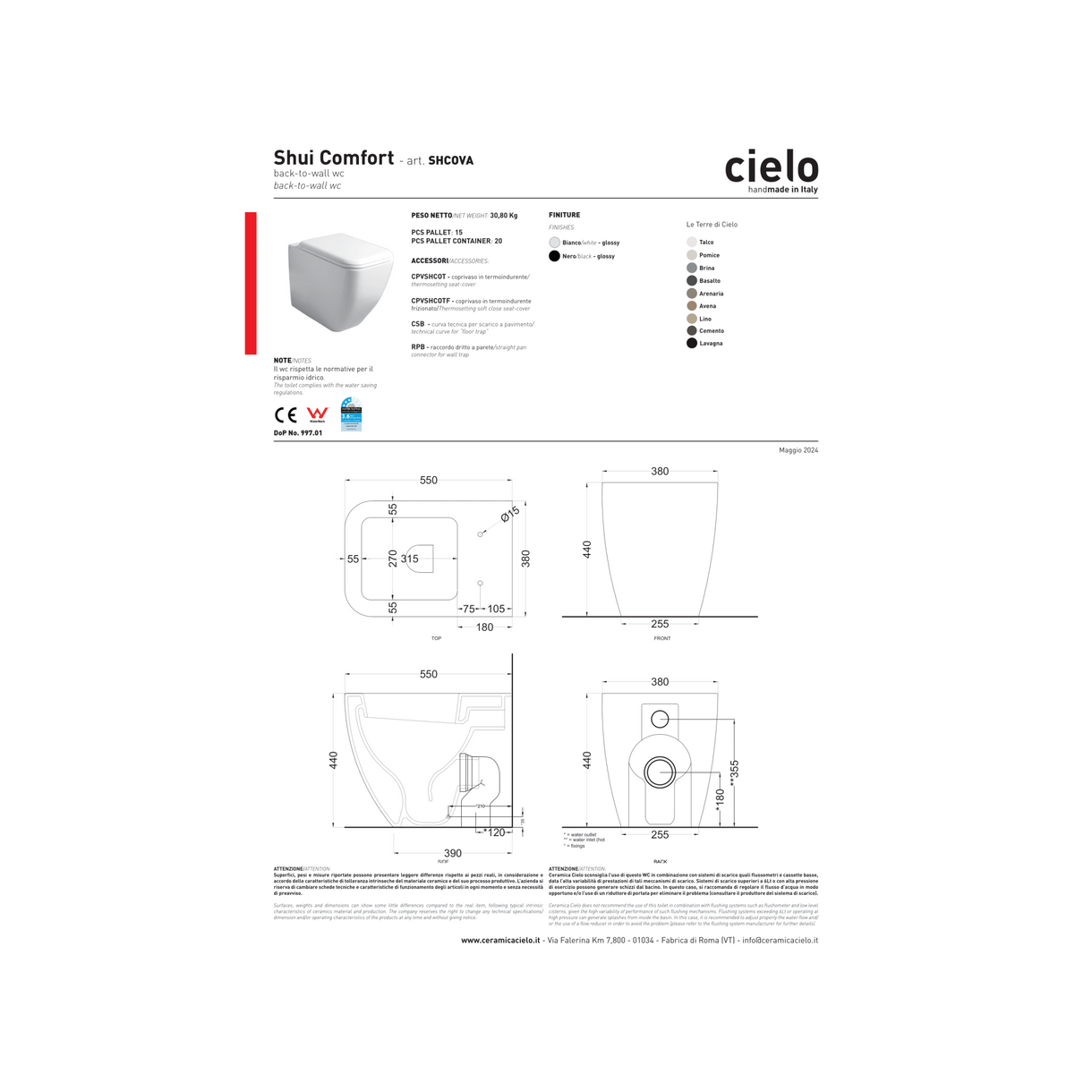 Wc a Terra Senza Brida Ceramica Cielo "Shui Comfort" Bianco Lucido