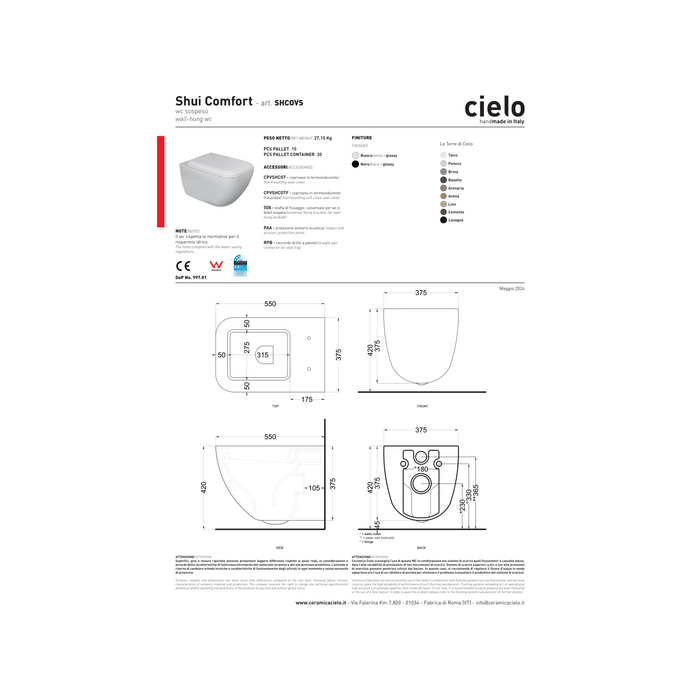 Coppia Di Sanitari Ceramica Cielo Sospesi Bianco Lucido "Shui Comfort"