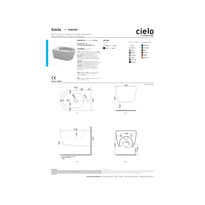 Coppia Di Sanitari Ceramica Cielo Sospesi Senza Brida Bianco Lucido "Smile 53"