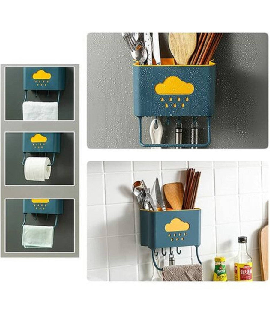 Cestello Porta Bacchette Posate Cucchiaio Spatole Scarico Con Ganci Parete 70214         