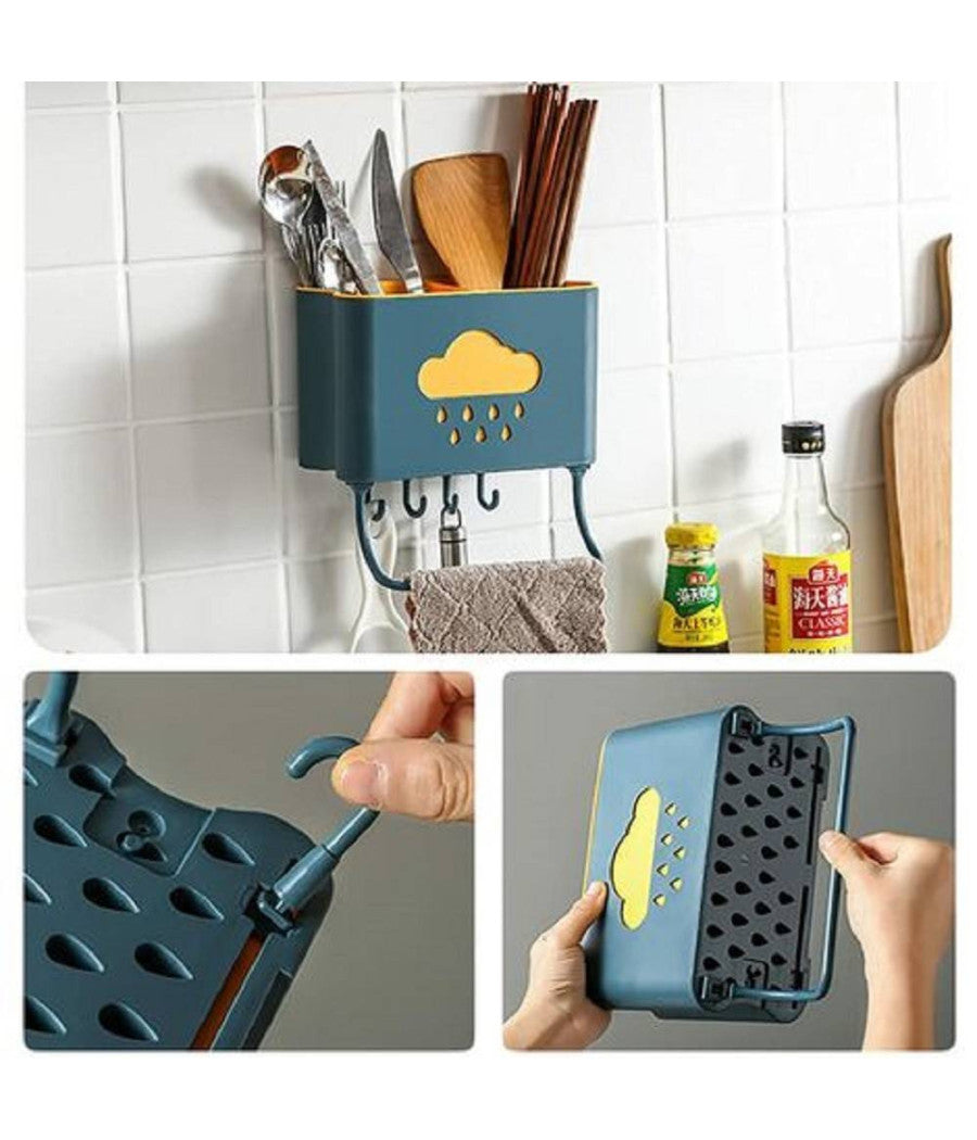 Cestello Porta Bacchette Posate Cucchiaio Spatole Scarico Con Ganci Parete 70214         