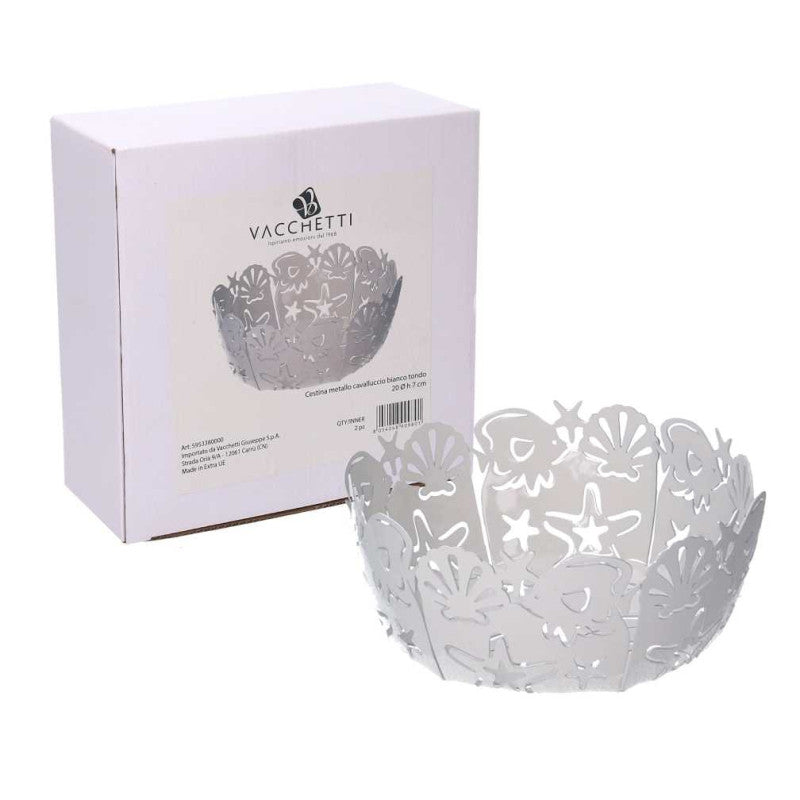 Cestina metallo cavalluccio bianco tondo cm ø20h7