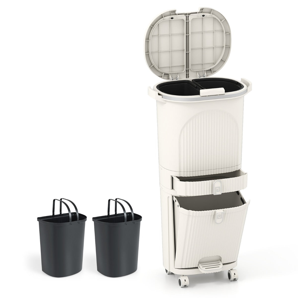 Cestino per cucina con coperchio bidone di 3 strati con 2 secchi rimovibili-Cestino contenitore per rifiuti verticale Beige