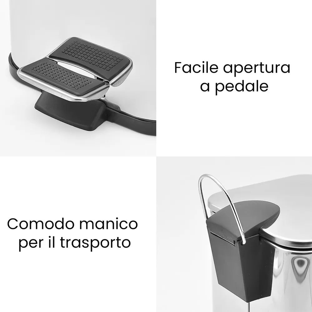Cestino bagno cromato 3lt apertura a pedale e secchio removibile