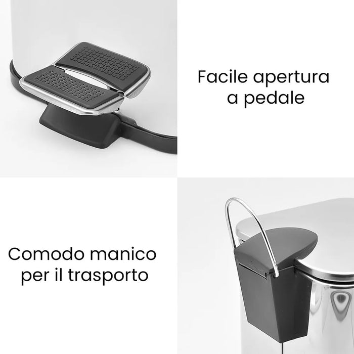 Cestino bagno cromato 3lt apertura a pedale e secchio removibile