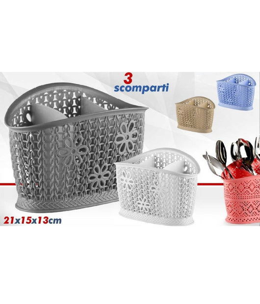 Cestino Colaposate Cucina Ovale A 3 Scomparti In Plastica Colorato Ricamo Fiori         