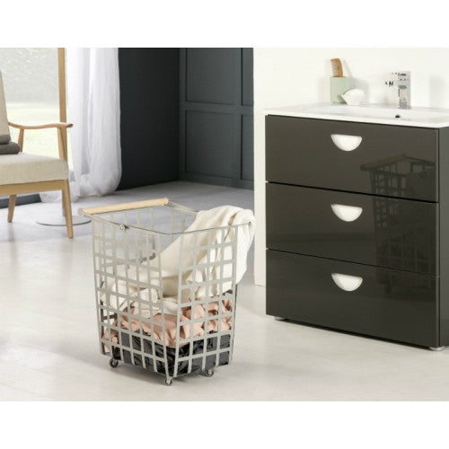 Cestino portaoggetti decorativo in metallo, con ruote e manico in legno, misura grande, ZESTA
