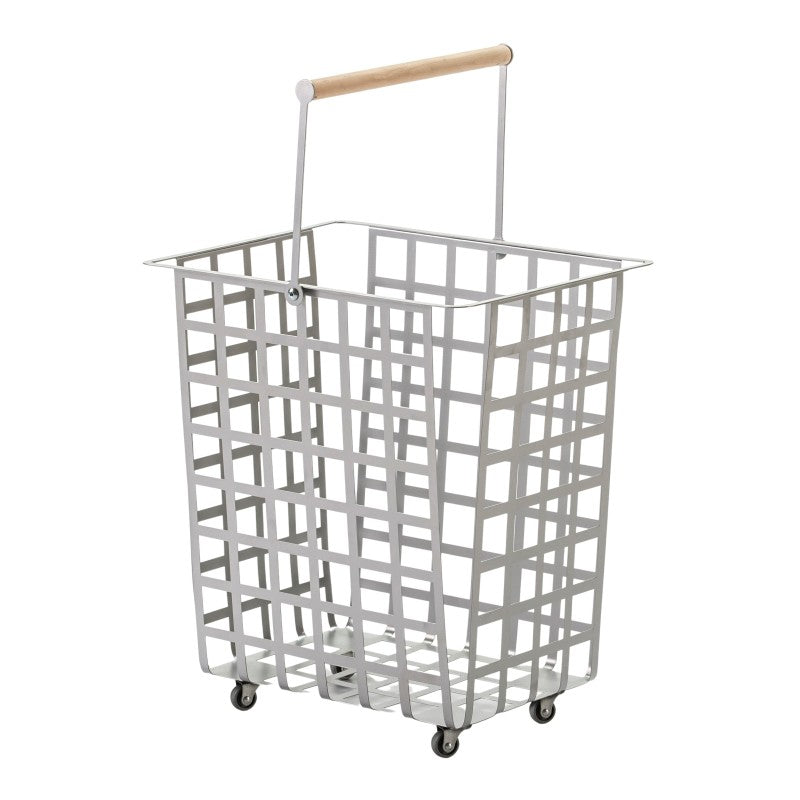 Cestino portaoggetti decorativo in metallo, con ruote e manico in legno, misura grande, ZESTA
