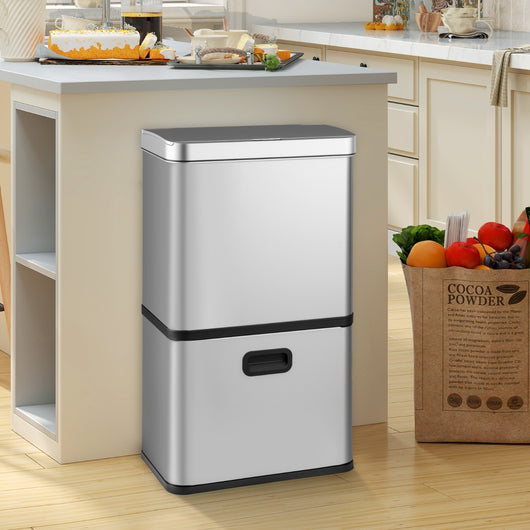 Cestino della spazzatura con sensore di movimento e 2 contenitori interni rimovibili-Pattumiera in acciaio inossidabile da 56L Argento