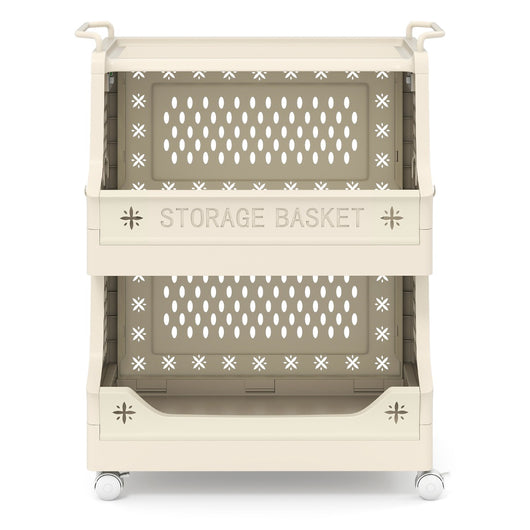 Cestino per bucato 3 piani carrello impilabile in plastica, Cestino per bucato organizzatore aperto per lavanderia Beige-Cesti del bucato