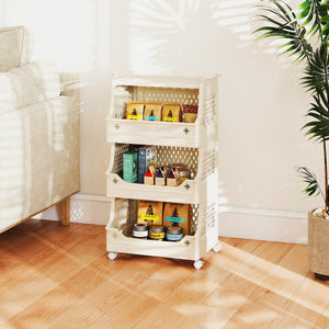 Cestino per bucato 4 piani carrello impilabile in plastica, Cestino per bucato organizzatore aperto per lavanderia Beige-Cesti del bucato