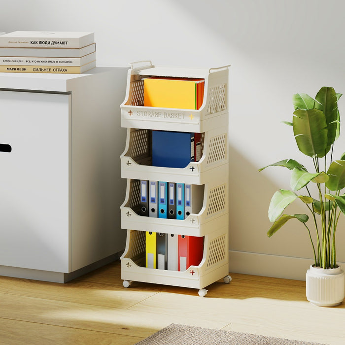 Cestino per bucato 5 piani carrello impilabile in plastica, Cestino per bucato organizzatore aperto per lavanderia Beige-Cesti del bucato