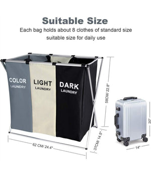 Cesto Biancheria 3 Scomparti Portabiancheria Pieghevole In Metallo E Tessuto         