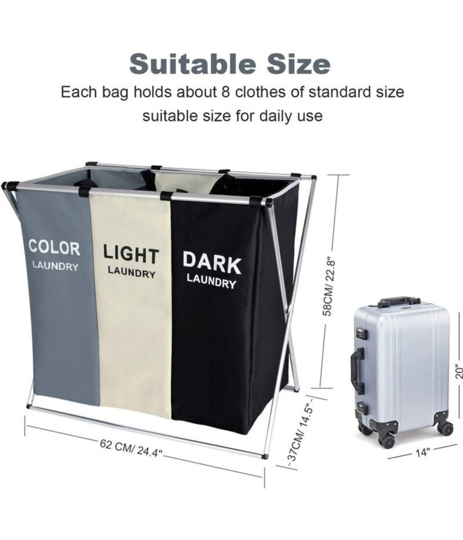 Cesto Biancheria 3 Scomparti Portabiancheria Pieghevole In Metallo E Tessuto         