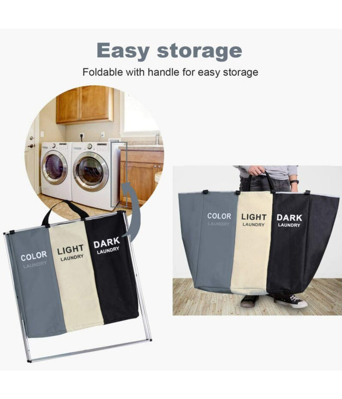 Cesto Biancheria 3 Scomparti Portabiancheria Pieghevole In Metallo E Tessuto         