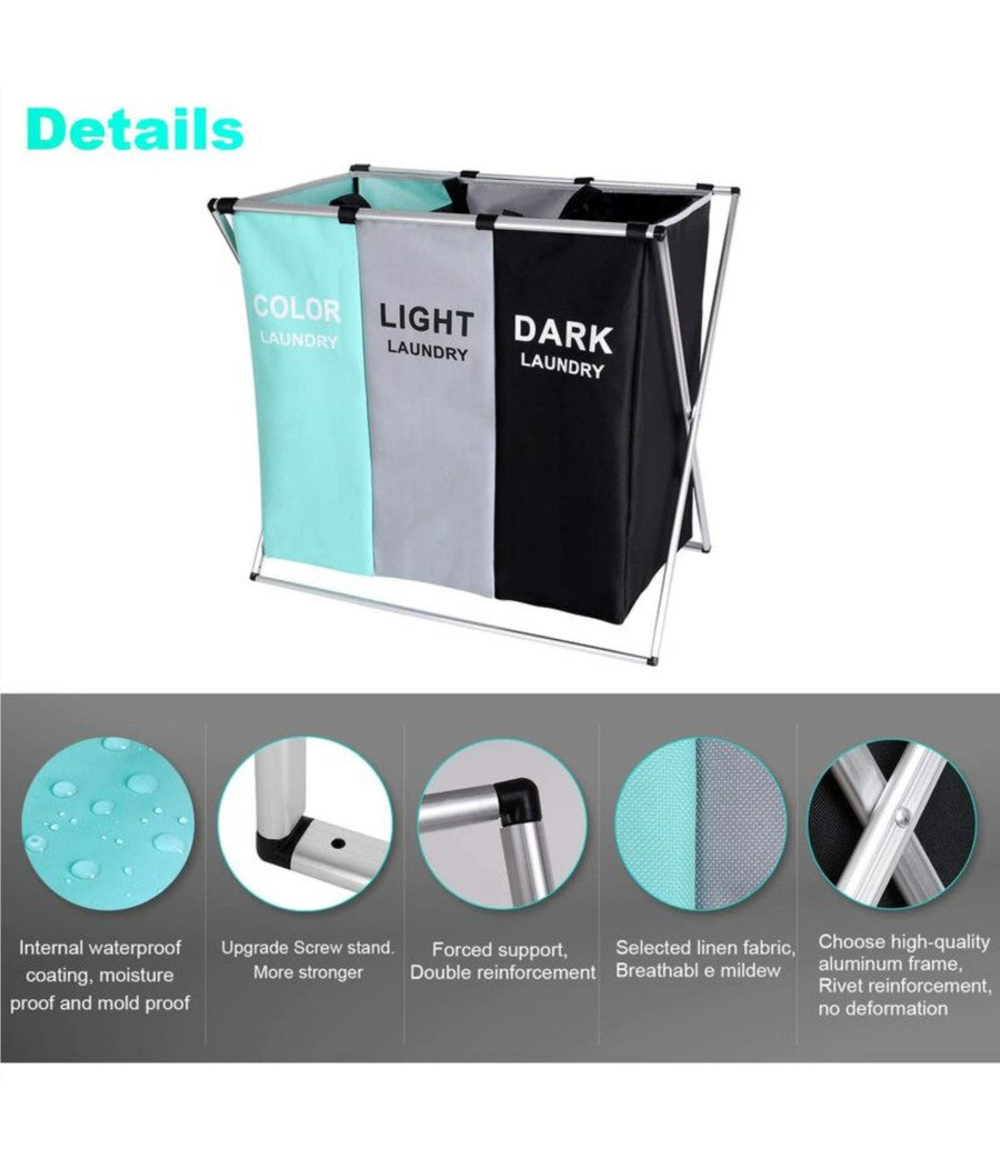 Cesto Biancheria 3 Scomparti Portabiancheria Pieghevole In Metallo E Tessuto         