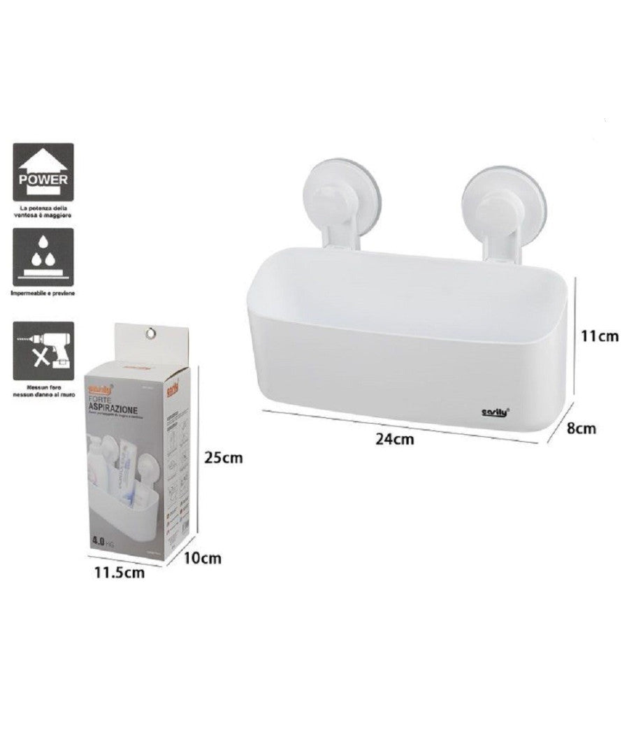 Cesto Contenitore Porta Oggetti A Ventosa Bianco Accessori Bagno 24x8x11cm 59552         