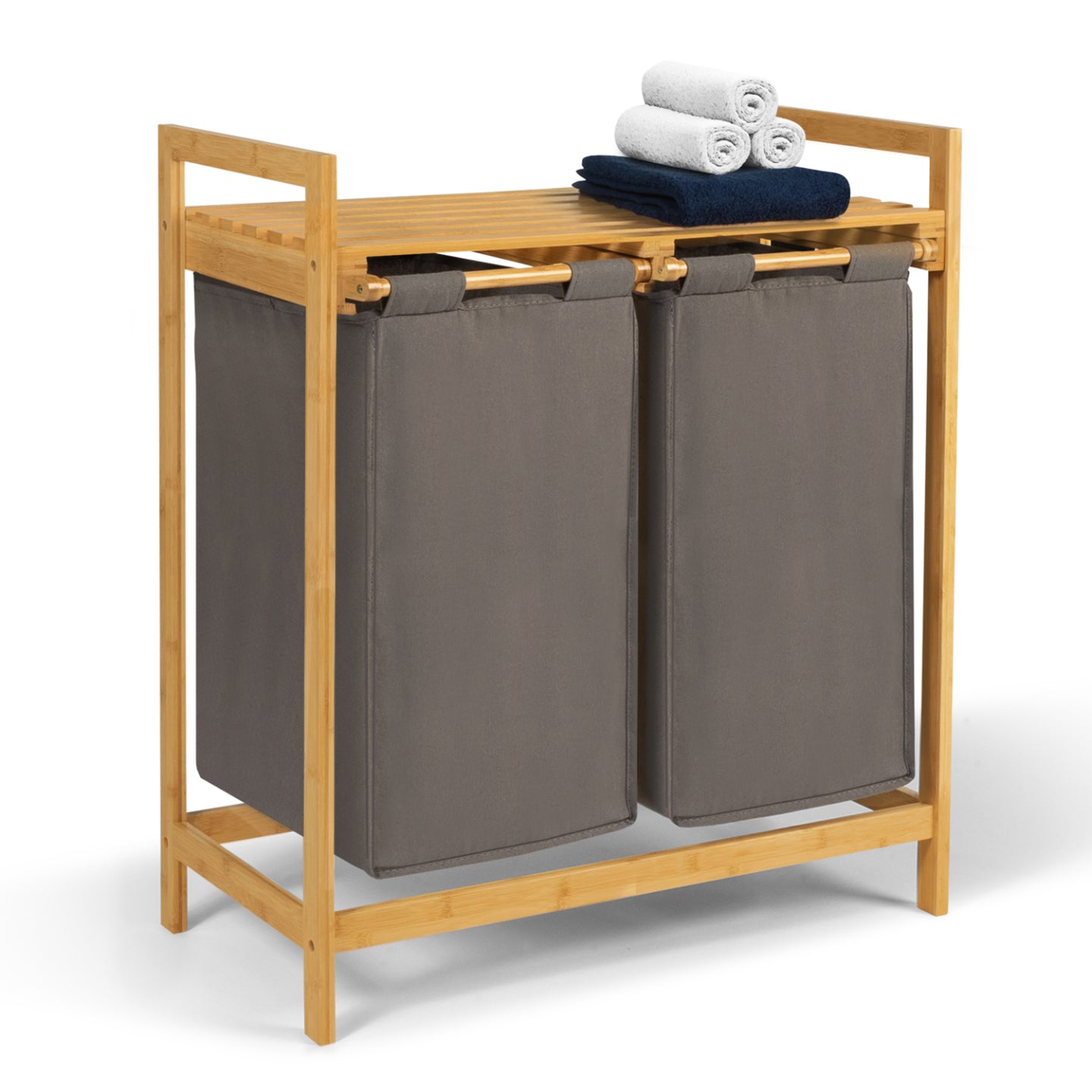 IDMarket - Cesto doppio in bambù BEA per biancheria in tessuto grigio antracite