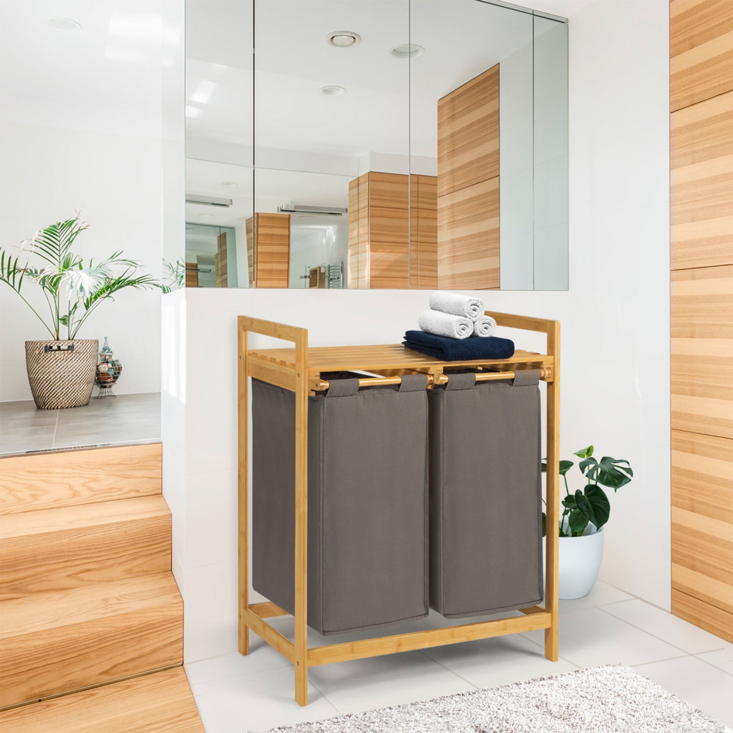 IDMarket - Cesto doppio in bambù BEA per biancheria in tessuto grigio antracite