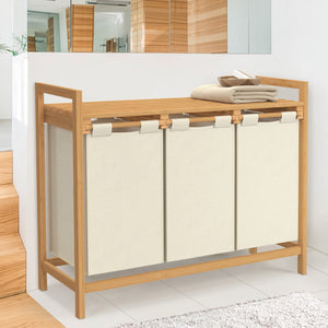 IDMarket - Cesto per la biancheria in bambù a 3 scomparti in tessuto ecrù BEA