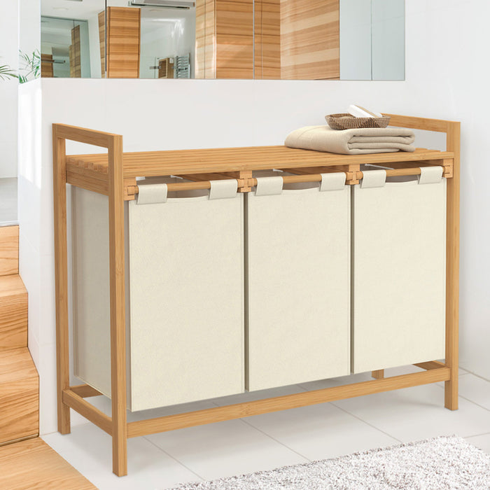 IDMarket - Cesto per la biancheria in bambù a 3 scomparti in tessuto ecrù BEA