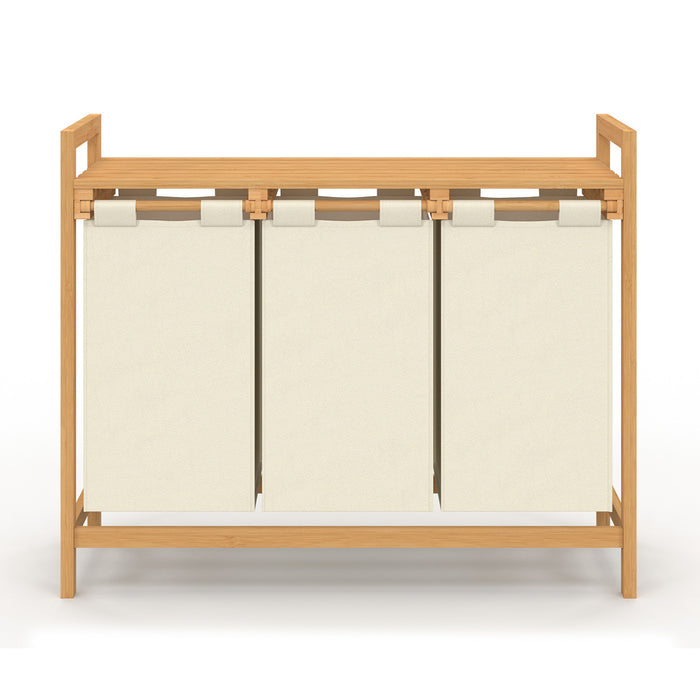 IDMarket - Cesto per la biancheria in bambù a 3 scomparti in tessuto ecrù BEA