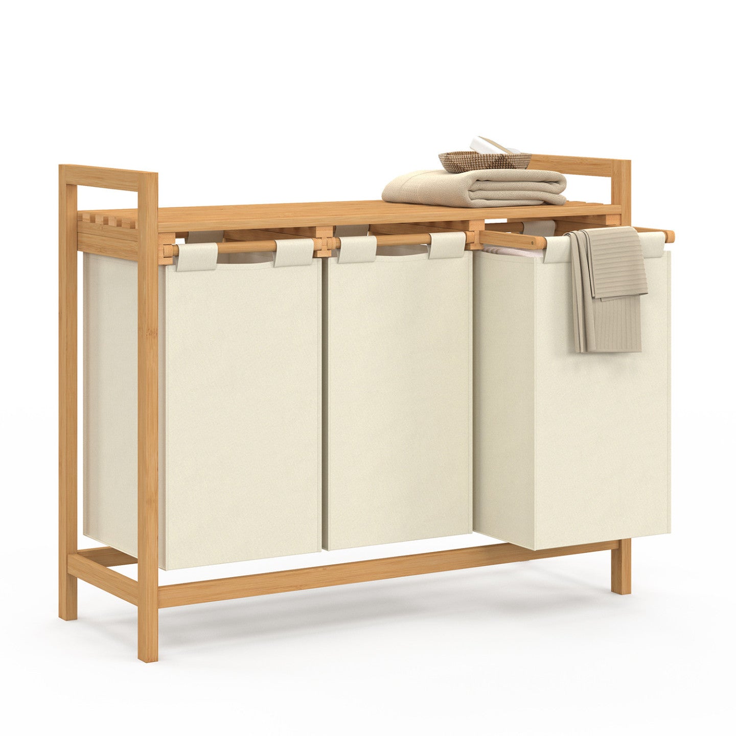 IDMarket - Cesto per la biancheria in bambù a 3 scomparti in tessuto ecrù BEA