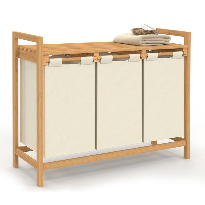 IDMarket - Cesto per la biancheria in bambù a 3 scomparti in tessuto ecrù BEA