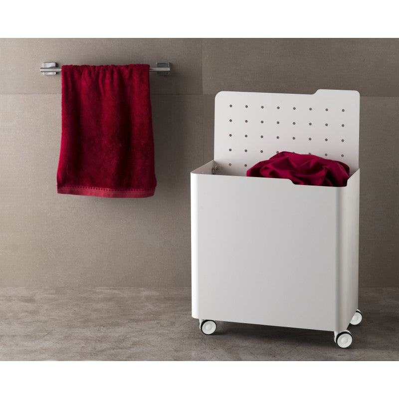 Cesto porta biancheria LUCCA con ruote, 60 L, 2 scomparti, chiusura soft, struttura metallica bianca