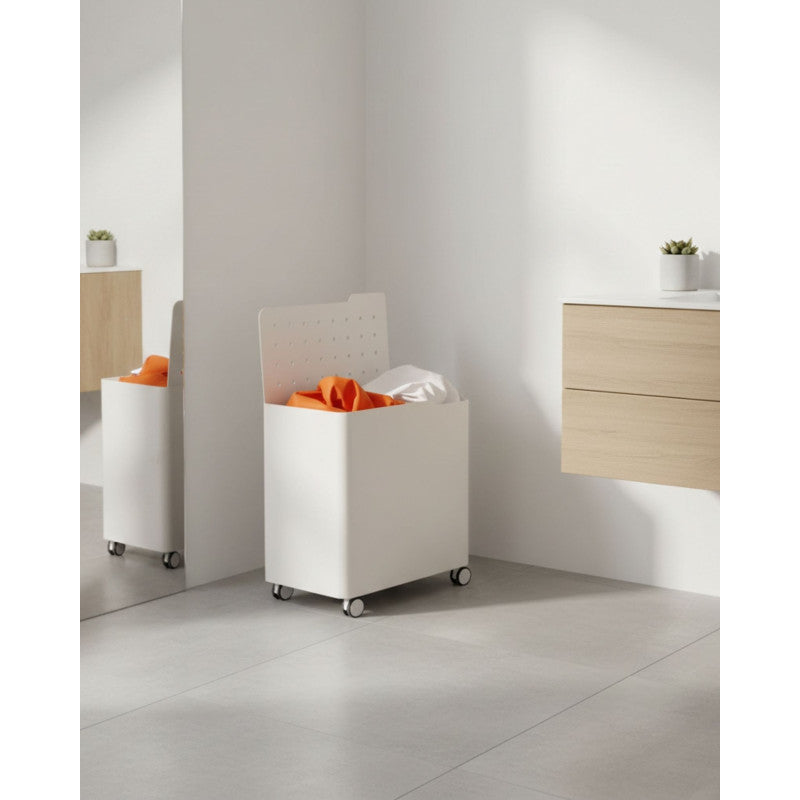 Cesto porta biancheria LUCCA con ruote, 60 L, 2 scomparti, chiusura soft, struttura metallica bianca