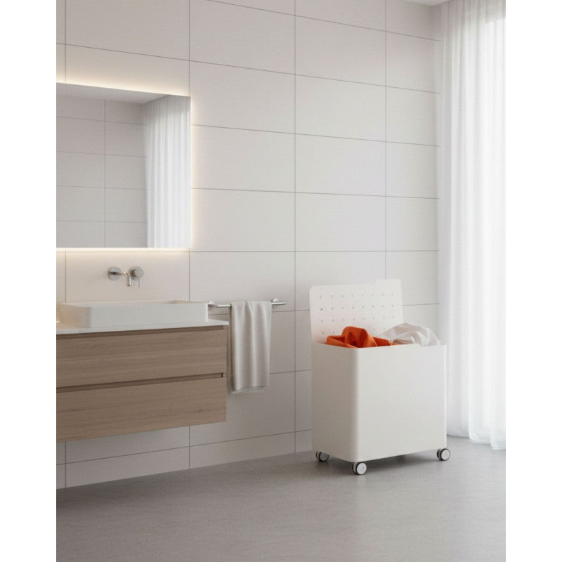 Cesto porta biancheria LUCCA con ruote, 60 L, 2 scomparti, chiusura soft, struttura metallica bianca