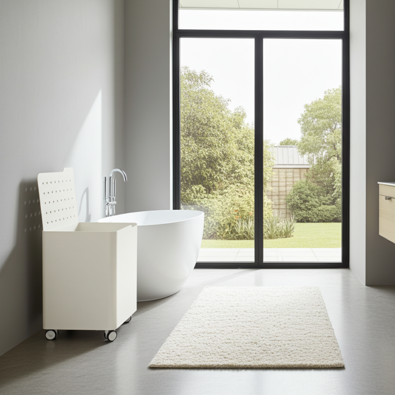 Cesto porta biancheria LUCCA con ruote, 60 L, 2 scomparti, chiusura soft, struttura metallica bianca