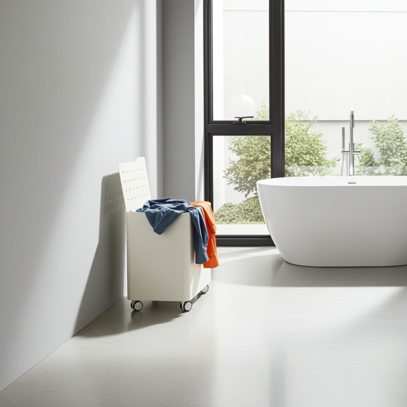 Cesto porta biancheria LUCCA con ruote, 60 L, 2 scomparti, chiusura soft, struttura metallica bianca